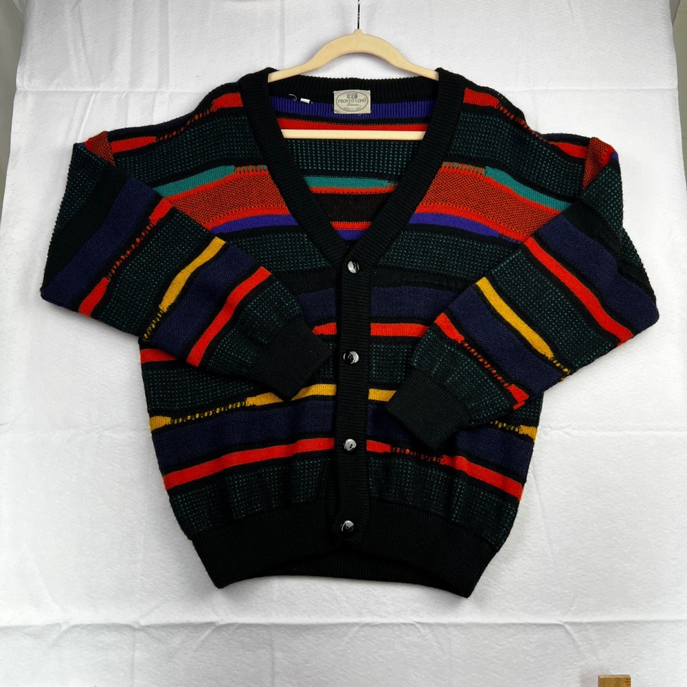 Vintage Pronto Uomo Italy Wool Blend Abstract Stripe Cardigan Sweater Mens M 50 - Picture 1 of 9
